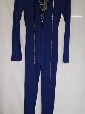 SJL Apparel Royal Blue Long Sleeve Lace Up Chain Front Jumpsuit - Size L NWT
